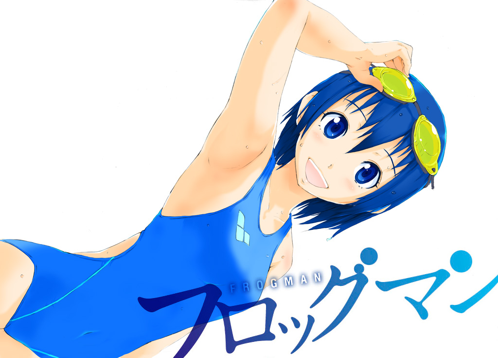 armpits blue_eyes blue_hair competition_swimsuit dutch_angle flat_chest frogman goggles goggles_on_head izumi_haruka nylon official_art one-piece_swimsuit short_hair solo swimsuit
