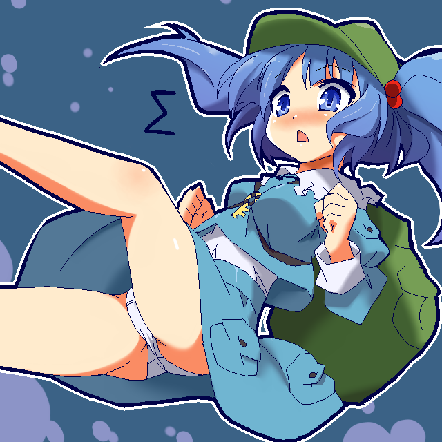 1girl 9law :o backpack bag bare_legs blue_eyes blue_hair blush hair_bobbles hair_ornament hat kawashiro_nitori key oekaki panties solo surprised touhou triangle_mouth twintails two_side_up underwear