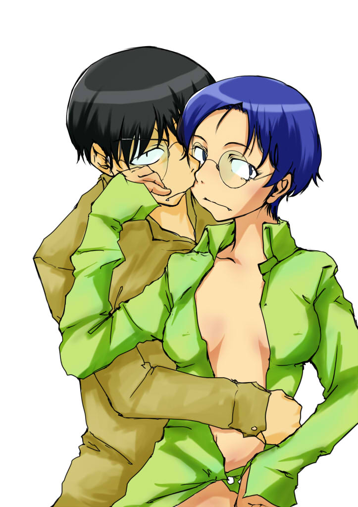 1girl black_hair blue_eyes blue_hair clone dress_shirt dual_persona fang genderswap genshiken glasses holding kent_mame madarame_harunobu shirt unbuttoned