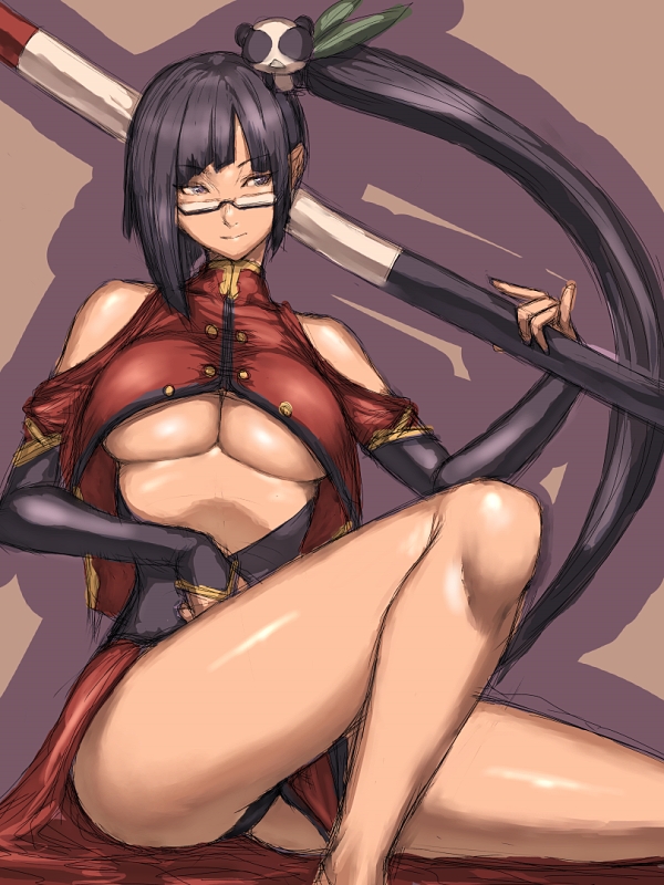 bare_shoulders black_hair blazblue breasts fumio_(rsqkr) glasses lao_jiu large_breasts litchi_faye_ling long_hair panties polearm side_ponytail solo underboob underwear weapon