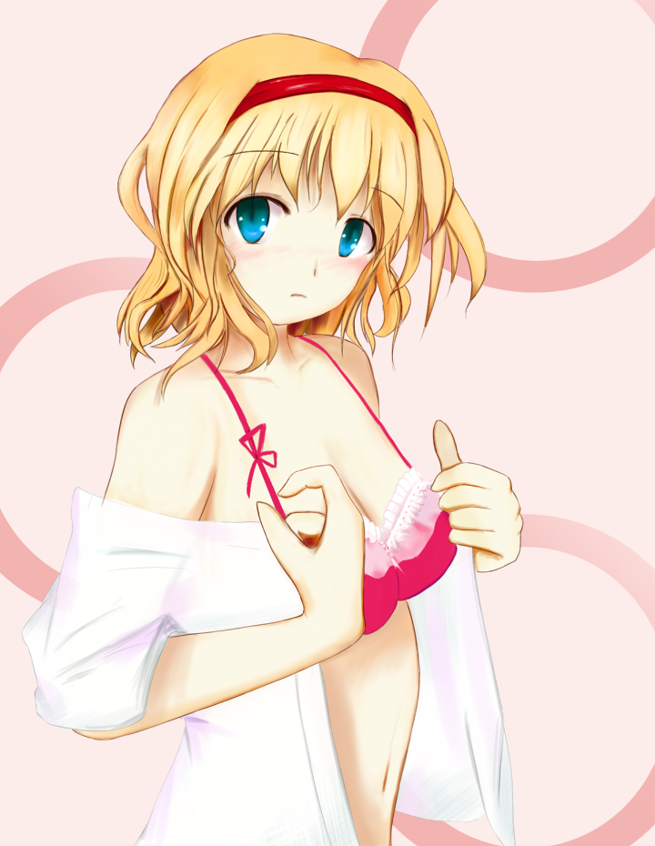 alice_margatroid amakumo bare_shoulders blonde_hair blue_eyes bra breasts hairband lingerie medium_breasts open_clothes open_shirt shirt solo touhou underwear