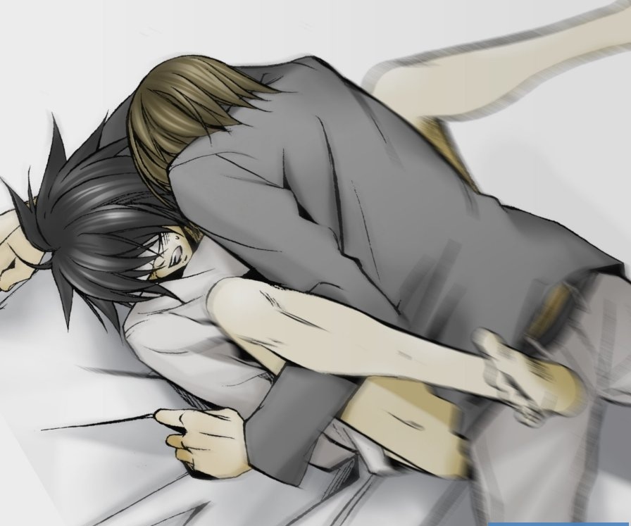 2boys anal bed blindfold death_note l l_(death_note) male_focus multiple_boys sex spread_legs yagami_light yaoi
