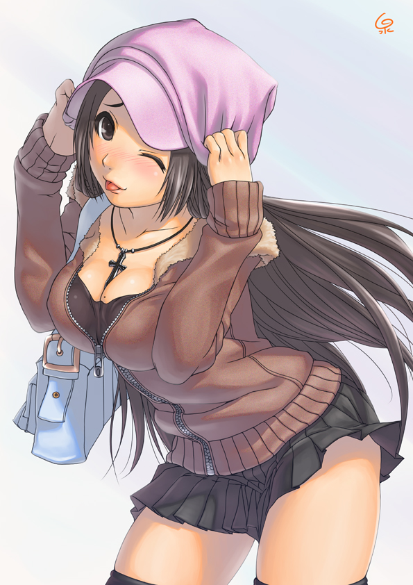 :p ;p adjusting_clothes adjusting_hat bad_id bad_pixiv_id bag black_hair black_legwear blush breasts cleavage cross hat jewelry large_breasts long_hair miniskirt mole mole_on_breast necklace one_eye_closed original piro_(orip) skirt solo thighhighs tongue tongue_out unzipped