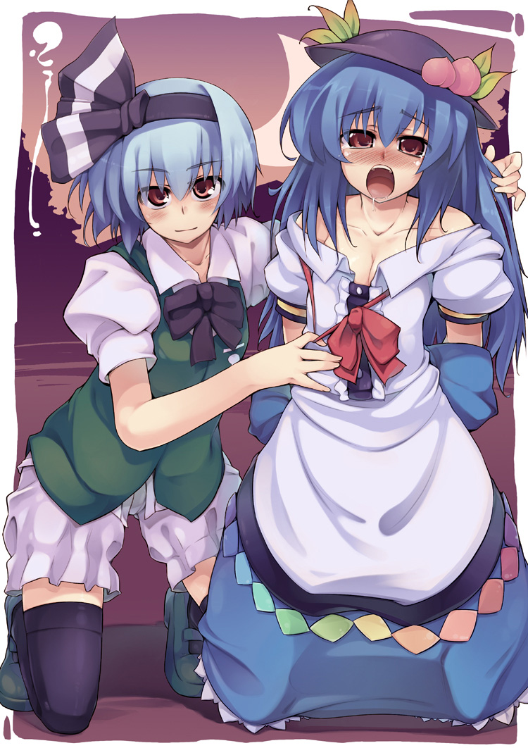 arms_behind_back bare_shoulders bdsm black_legwear bloomers blue_hair blush breasts brown_eyes cleavage dress dress_pull embarrassed face femdom hair_ribbon hat hinanawi_tenshi kneeling konpaku_youmu long_hair mary_janes multiple_girls no_pants pulled_by_another red_eyes ribbon saliva shoes short_hair small_breasts smile soine thighhighs touhou underwear yuri