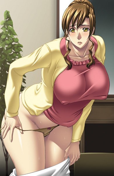 blush breasts brown_hair chair covered_nipples curvy desk embarrassed kneeling large_breasts mature panties plant solo thick_thighs thighs underwear undressing wet wide_hips yellow_eyes