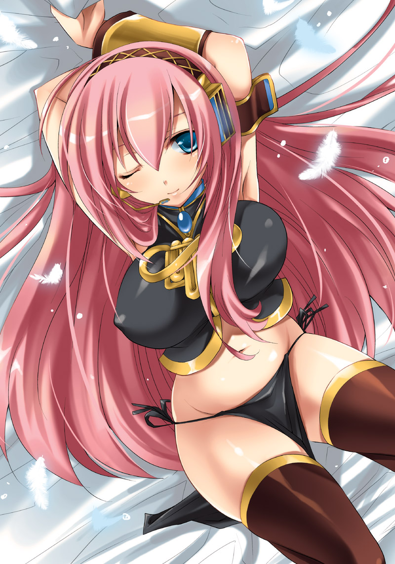 aqua_eyes bad_id bad_pixiv_id bed_sheet breasts feathers headset large_breasts long_hair megurine_luka midriff mitsu_king navel one_eye_closed pink_hair sheet_grab solo thighhighs very_long_hair vocaloid