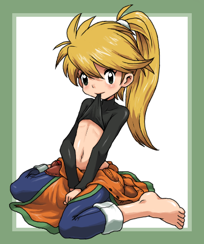barefoot blonde_hair feet flat_chest full_body hun long_hair lowres mouth_hold navel pokemon pokemon_special ponytail shirt_lift simple_background solo white_background yellow_(pokemon)