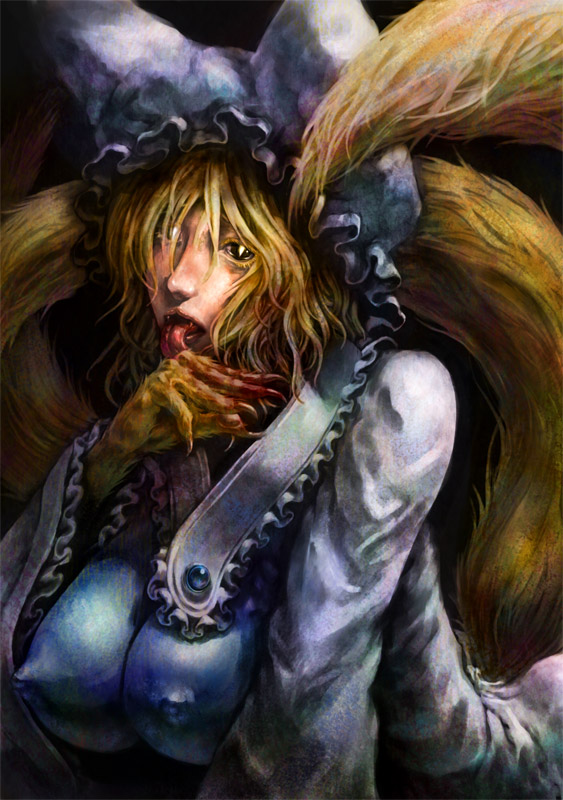 blonde_hair blood breasts covered_nipples hat horror_(theme) katzeh large_breasts licking realistic solo tail touhou yakumo_ran