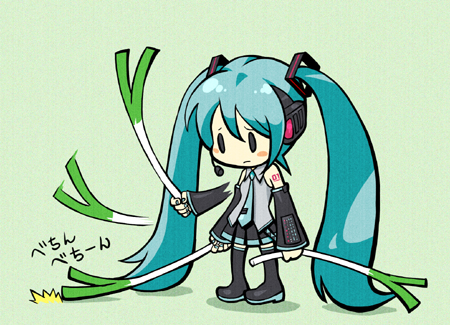 afterimage aqua_hair chibi green_background hatsune_miku long_hair lowres oropi sad solo spring_onion thighhighs twintails very_long_hair vocaloid
