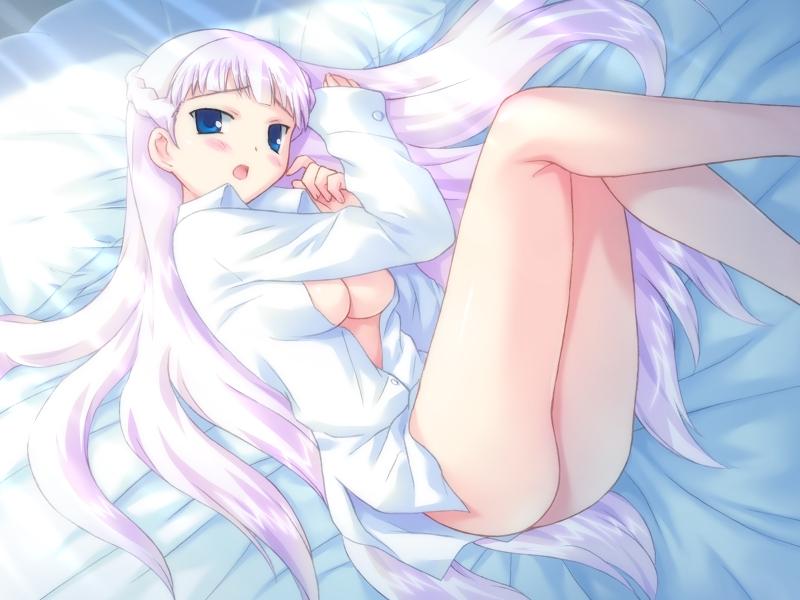 battlenote bed blue_eyes blush bottomless braid breasts galzoo_island game_cg large_breasts legs long_hair lying mutsumi_masato no_bra no_panties open_clothes open_mouth open_shirt shirt solo underboob very_long_hair white_hair