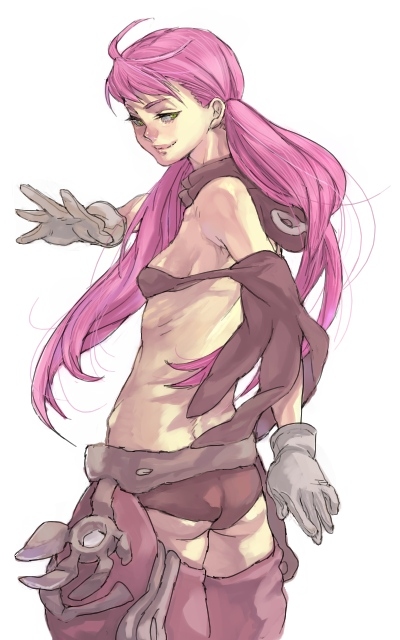 artist_request ass bangs bikini black_bikini breasts chaps closed_mouth cowboy_shot cynthia_lane from_behind gloves gorget grey_gloves hair_over_shoulder half-closed_eyes long_hair looking_at_viewer looking_back low_twintails off_shoulder open_hands overman_king_gainer pilot_suit pink_hair ribs simple_background small_breasts smirk solo swimsuit twintails white_background