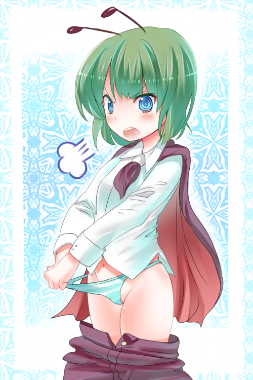 angry antennae bad_id bad_pixiv_id blue_eyes blush cape fume green_hair mamepon panties pants pants_pull panty_pull pulled_by_self short_hair solo striped striped_panties touhou underwear wriggle_nightbug