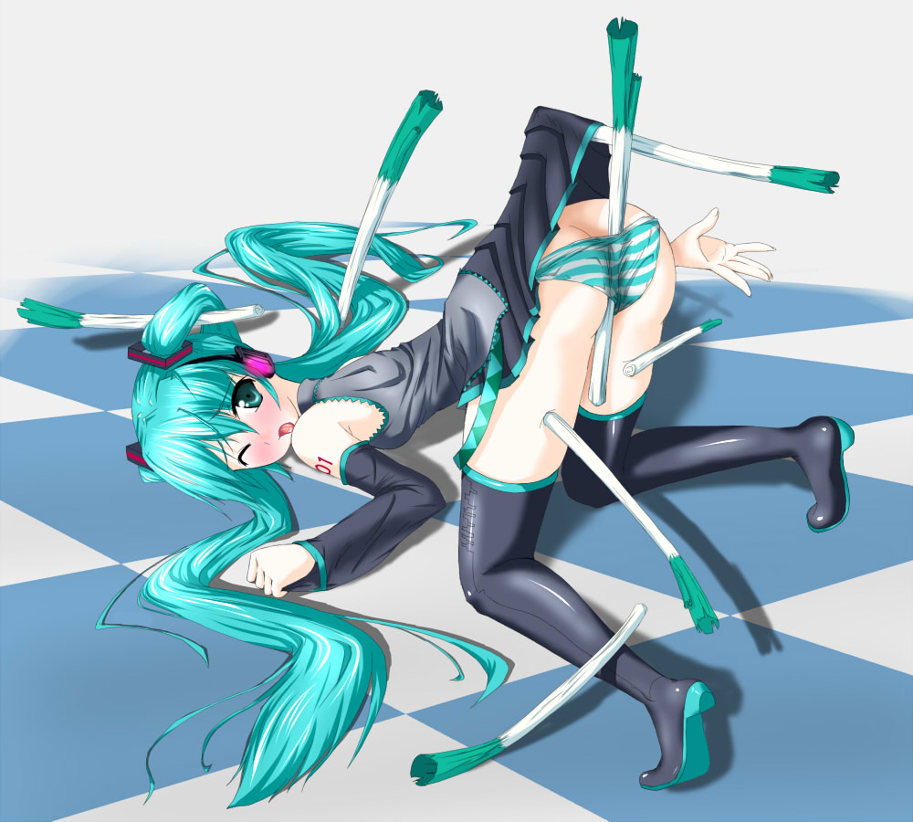 all_fours aqua_hair bare_shoulders blush detached_sleeves dress dress_lift food green_eyes hatsune_miku long_hair one_eye_closed open_mouth panties skirt solo spring_onion striped striped_panties thighhighs top-down_bottom-up totose_manaka twintails underwear vegetable very_long_hair vocaloid