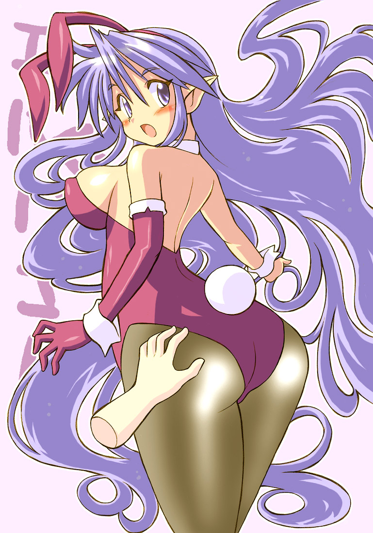 animal_ears ass ass_grab blush breasts bunny_ears bunnysuit character_name disembodied_limb elba_(gomamiso) elbow_gloves gloves gomamiso_(gomamiso_sp) hand_on_ass large_breasts long_hair looking_back open_mouth original pantyhose pointy_ears purple_eyes purple_hair solo very_long_hair wrist_cuffs