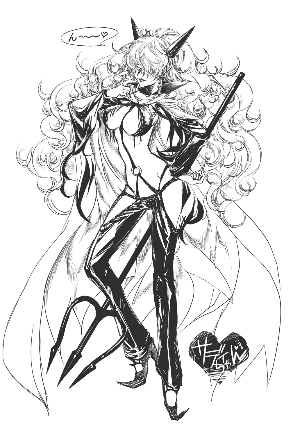 bangs breasts cloak curly_hair earrings fringe_trim greyscale hair_over_eyes hairband high_heels highres horns izumi_rei jewelry large_breasts lipstick long_hair makeup monochrome one_piece polearm revealing_clothes sadi-chan shoes solo trident weapon