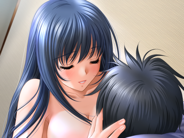 1girl bed blue_hair blush breast_press breast_sucking breasts cleavage closed_eyes couple cuddling game_cg girl_on_top happy_sex hetero hug large_breasts long_hair nanjou_sayaka nude pillow private_emotion ripe sano_toshihide sex smile