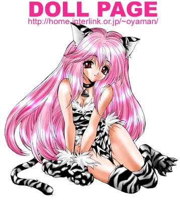 animal_ears bell cat_ears cat_tail choker gloves long_hair lowres original oyaman paw_gloves paws pink_hair red_eyes sitting smile solo tail thighhighs