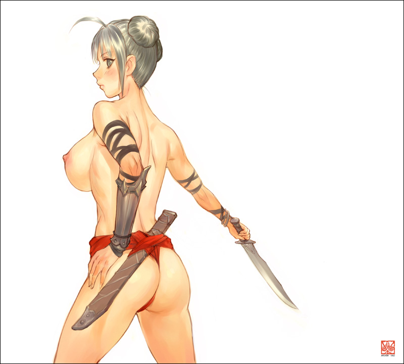 ahoge ariverkao ass breasts double_bun fundoshi grey_hair hand_on_hip japanese_clothes knife large_breasts looking_back original scabbard sheath short_hair solo standing topless