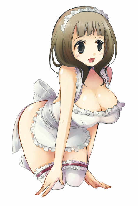 apron breasts cleavage large_breasts legs_together momoyama_nozomu naked_apron original solo thighhighs