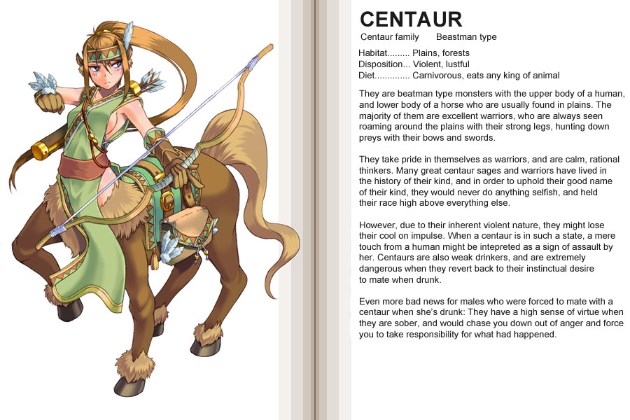 arrow belt bow_(weapon) breasts centaur centaur_(monster_girl_encyclopedia) character_profile english feathers gloves hard_translated kenkou_cross medium_breasts monster_girl monster_girl_encyclopedia official_art quiver sideboob solo tail translated typo weapon