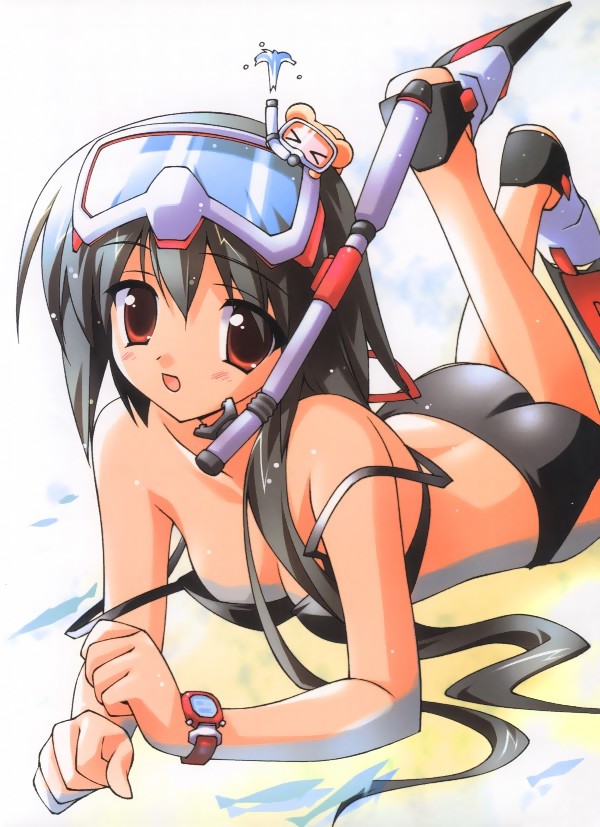 &gt;_&lt; artist_request bikini black_hair closed_eyes copyright_request diving_mask fins long_hair red_eyes snorkel solo strap_slip swimsuit