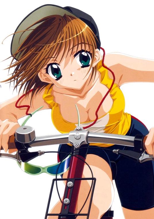 baseball_cap bicycle bike_shorts breasts cleavage copyright_request ground_vehicle hat kadoi_aya large_breasts solo sunglasses