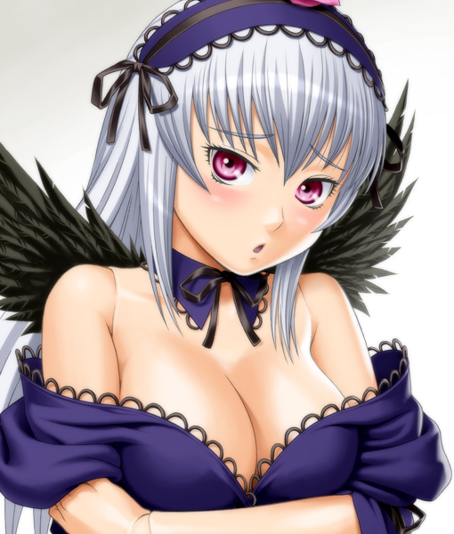 bare_shoulders blush breasts cleavage detached_collar doll_joints hairband ichikawa_masahiro large_breasts long_hair no_bra off_shoulder purple_eyes rozen_maiden silver_hair solo suigintou undressing upper_body wings
