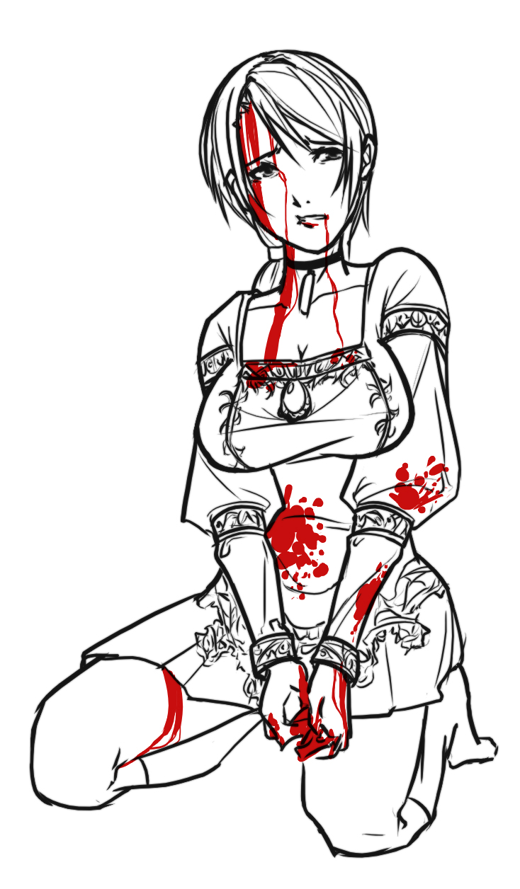 blood blouse breasts capcom choker cleavage demento fiona_belli haunting_ground highres kneeling large_breasts lineart miniskirt monochrome ponytail skirt