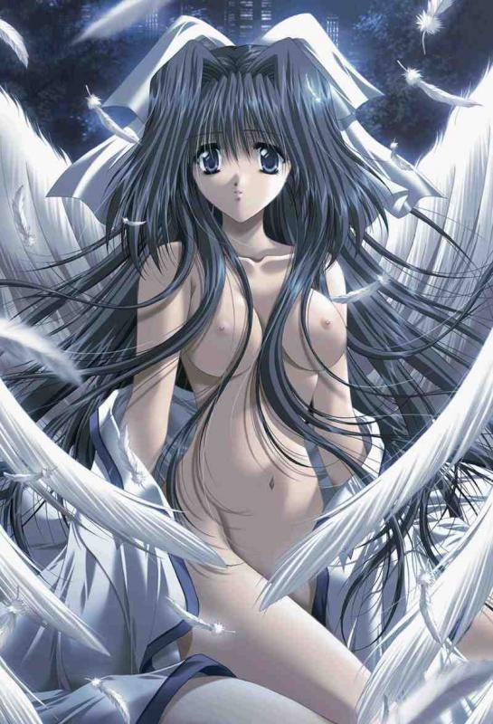 angel black_hair blue_eyes breasts feathers jpeg_artifacts large_breasts long_hair nude solo wings