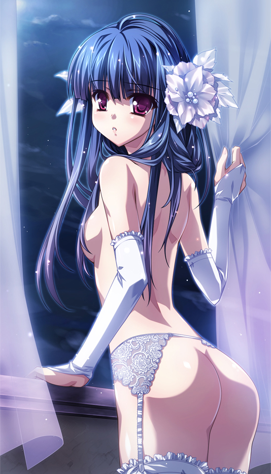ass back blue_hair breasts bridal_gauntlets copyright_request curtain_grab curtains elbow_gloves flower garter_belt garters gloves hair_censor hair_flower hair_ornament hair_over_one_breast lace leg_garter long_hair looking_at_viewer medium_breasts night night_sky parted_lips purple_eyes sideboob sky solo thighhighs topless white_garter_belt white_gloves white_legwear window yasaka_minato