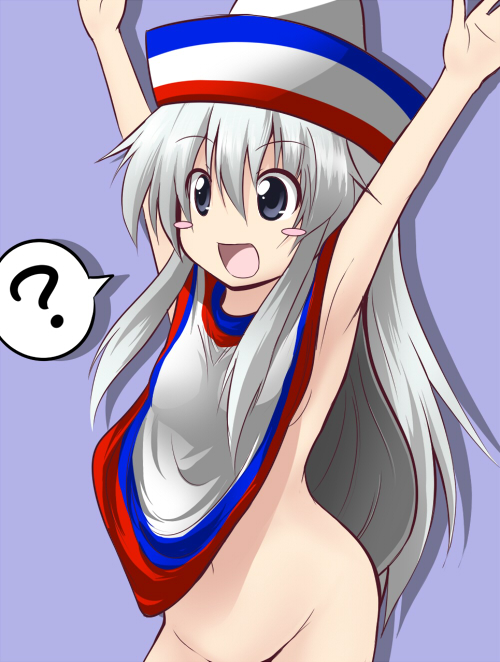 ? \o/ armpits arms_up blush_stickers bottomless chipa_(arutana) hakata-san happy hat no_nose original out-of-frame_censoring outstretched_arms solo speech_bubble spoken_question_mark white_hair