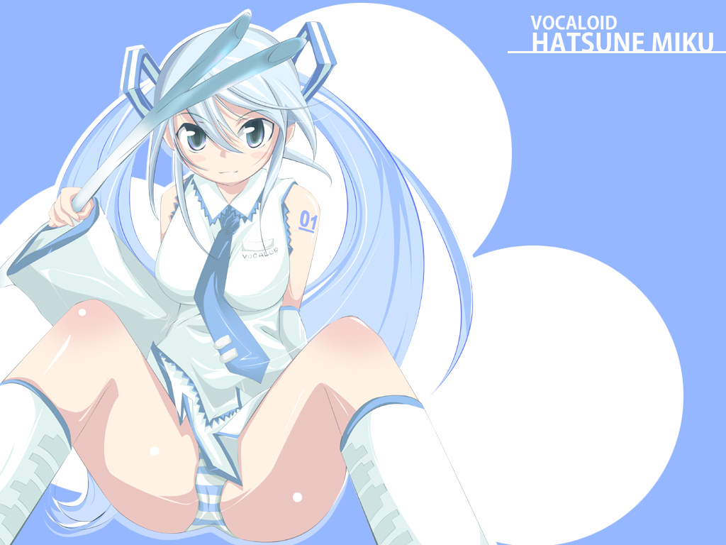 blue_eyes blue_hair detached_sleeves hatsune_miku long_hair necktie panties sitting solo spring_onion striped striped_panties suisen_(pixiv217818) twintails underwear vocaloid