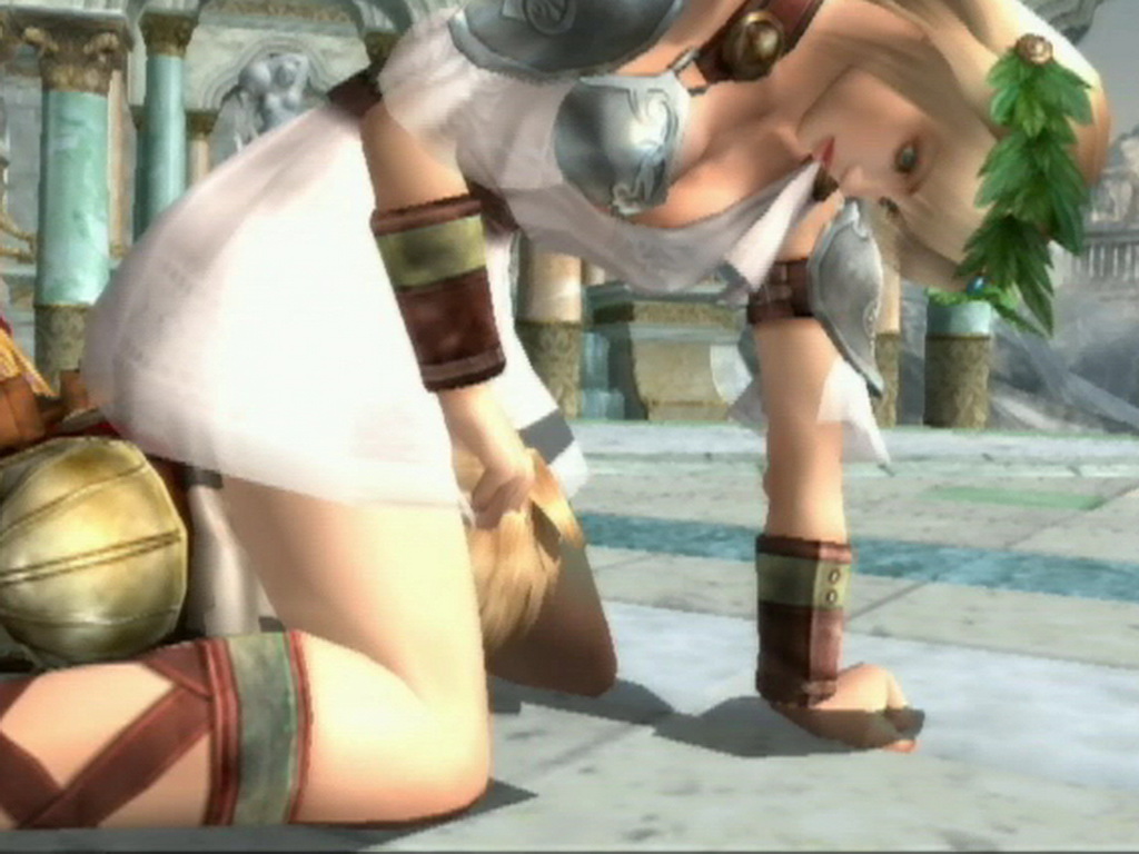 1girl blonde_hair breasts cunnilingus hetero large_breasts looking_at_viewer oral screencap siegfried_schtauffen sitting sitting_on_face sitting_on_person sophitia_alexandra soulcalibur