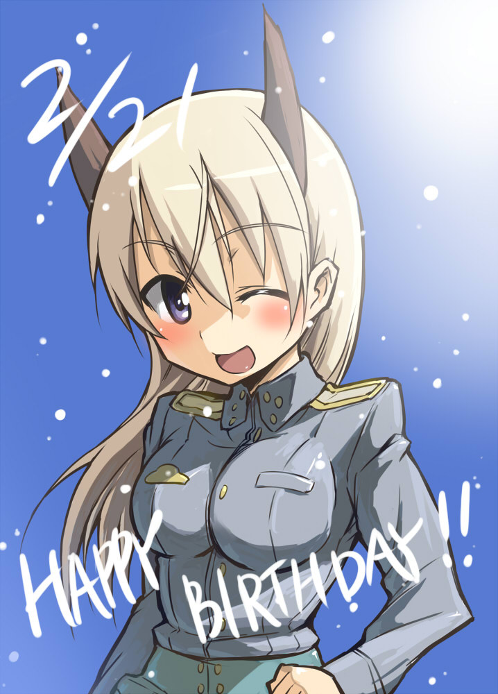 animal_ears birthday blue_eyes blush breasts eila_ilmatar_juutilainen english happy_birthday impossible_clothes impossible_shirt kurou_(niconicorin) long_hair medium_breasts military military_uniform one_eye_closed open_mouth shirt silver_hair smile snow solo strike_witches uniform world_witches_series