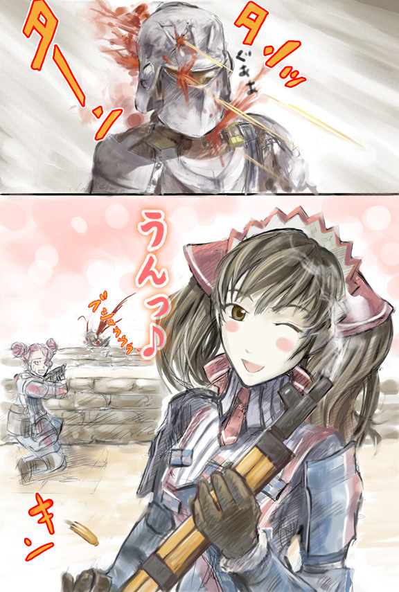 2girls alicia_melchiott blood brigitte_stark death fura gameplay_mechanics gun happy headshot military military_uniform multiple_girls musical_note one_eye_closed rifle senjou_no_valkyria senjou_no_valkyria_1 smile translated twintails uniform weapon