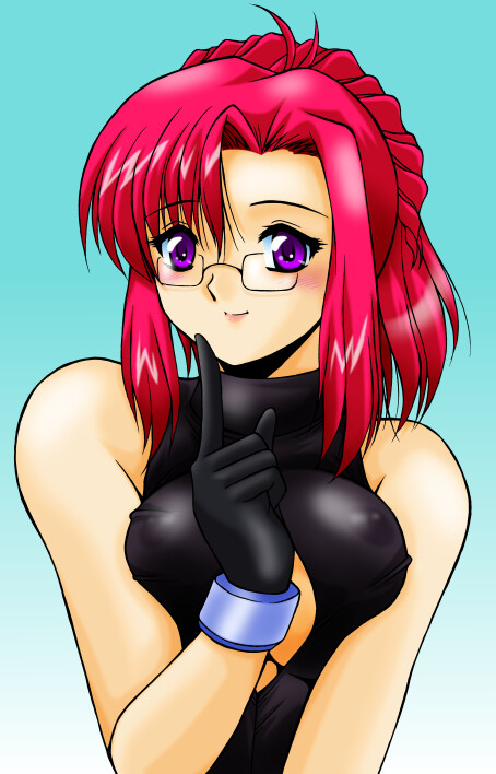 artist_request blush breasts glasses gloves kazami_mizuho large_breasts onegai_teacher pince-nez purple_eyes red_hair solo underboob