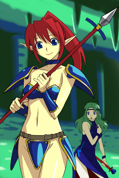 belt blue_eyes choker copyright_request dress fantasy green_hair headband long_hair michael midriff multiple_girls open_mouth pointy_ears polearm ponytail red_hair scepter smile spear weapon wristband