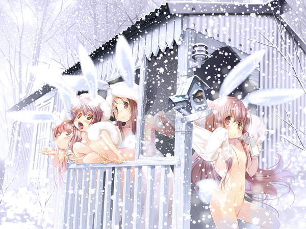 animal_ears bare_tree birdhouse bottle brown_eyes brown_hair bunny_ears copyright_request flat_chest hanpen holding long_hair looking_at_viewer looking_up multiple_girls nipples nude open_mouth outdoors snow snowing tree winter