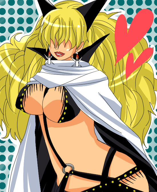 bad_id bad_pixiv_id bangs blonde_hair breasts candle chiroru_shimai cloak earrings fringe_trim hair_over_eyes heart horns jewelry large_breasts lipstick long_hair makeup one_piece revealing_clothes sadi-chan solo