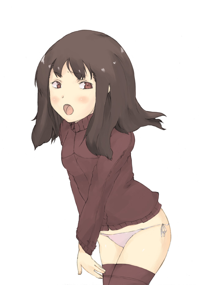 blush brown_eyes brown_hair copyright_request ichikawa panties solo sweater thighhighs turtleneck turtleneck_sweater underwear