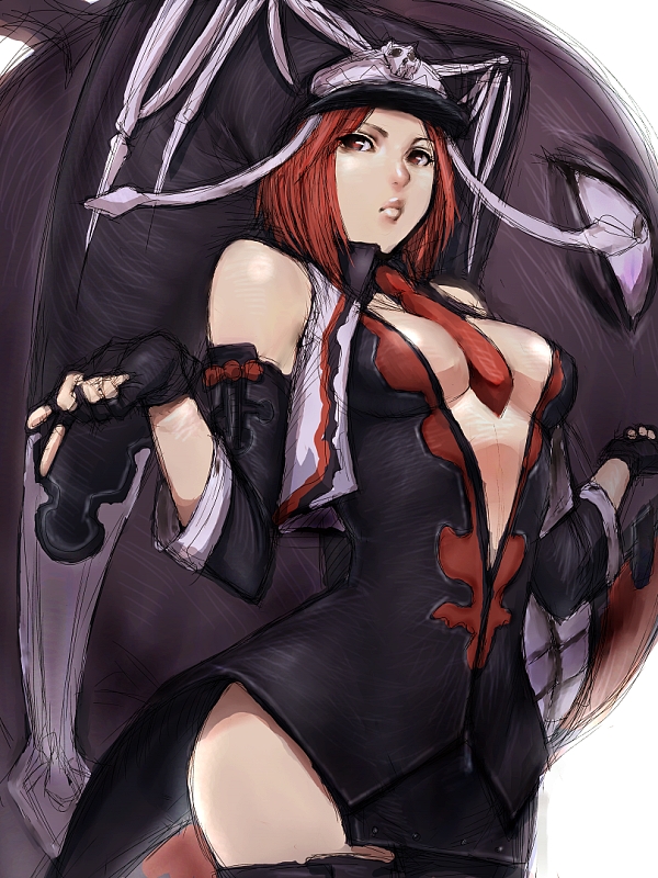 bare_shoulders breasts cleavage fumio_(rsqkr) gloves guilty_gear large_breasts necktie red_eyes red_hair solo valentine_(guilty_gear)