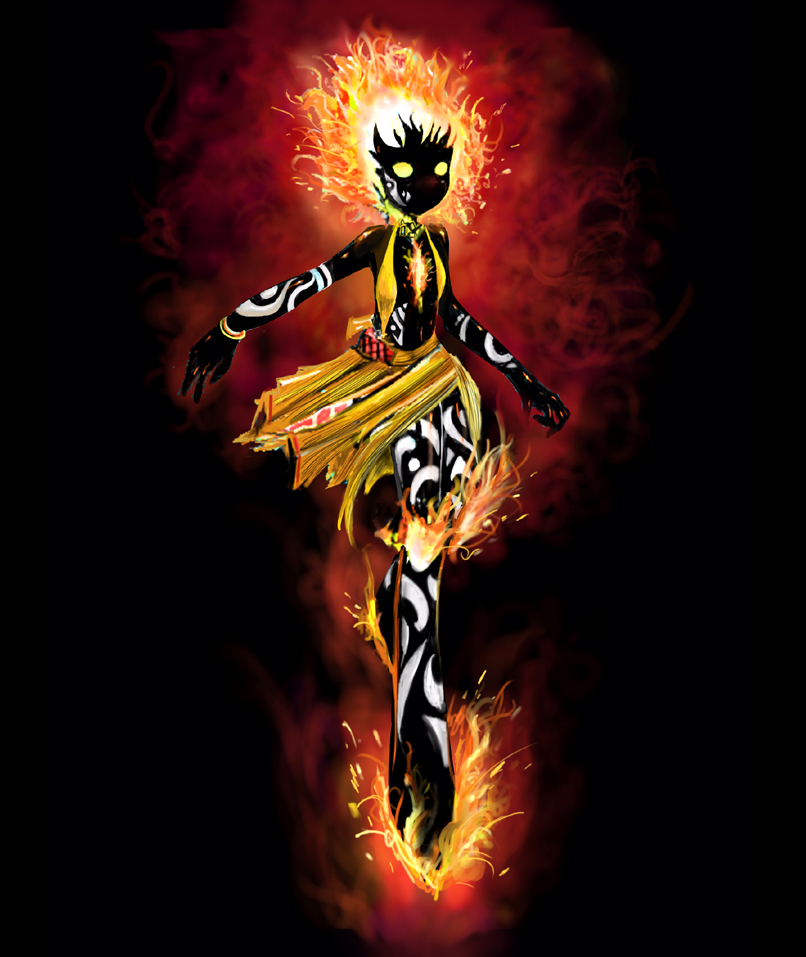 ashling black_skin fiery_hair fire glowing magic:_the_gathering markings seirei_(mimi_toka) skirt smoke solo yellow_eyes