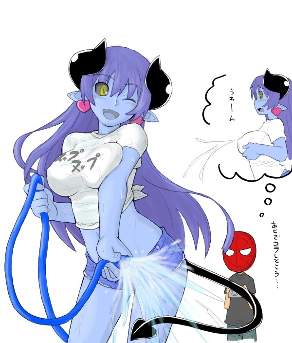 1girl artist_request astaroth_(shinrabanshou) black_sclera blue_hair blue_skin clothes_writing demon_girl denim denim_shorts earrings heart heart_earrings horns hose imagining jewelry lactation lactation_through_clothes long_hair marvel midriff partially_translated pointy_ears shinrabanshou short_shorts shorts spider-man spider-man_(series) tail translation_request water wet yellow_eyes