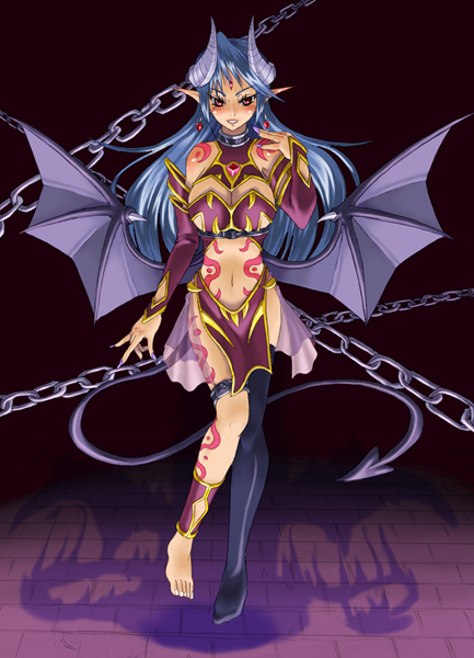 barefoot bat_wings blue_hair breasts chain cleavage demon_girl demon_tail floating horns kenkou_cross large_breasts low_wings midriff monster_girl monster_girl_encyclopedia official_art pointy_ears single_thighhigh solo succubus succubus_(monster_girl_encyclopedia) tail thighhighs wings