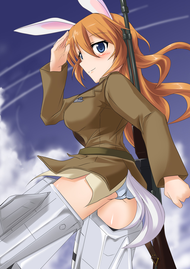 animal_ears bad_id bad_pixiv_id blue_eyes breasts bunny_ears charlotte_e_yeager gun kuronyan large_breasts long_hair military military_uniform orange_hair solo strike_witches tail uniform weapon world_witches_series