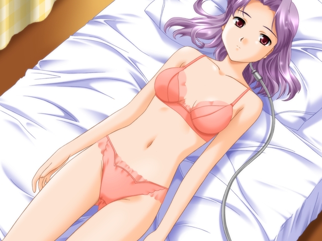bed bra brown_eyes cable game_cg kimiwo lingerie lying non-web_source panties purple_hair rocket_no_natsu short_hair solo underwear underwear_only