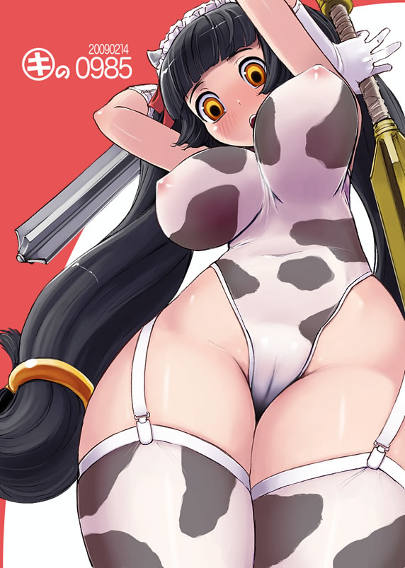 animal_print arms_up bangs blunt_bangs blush breasts cameltoe covered_nipples cow_horns cow_print dual_wielding garter_belt garter_straps gloves headdress highleg holding holding_weapon horns huge_breasts kei_jiei leotard long_hair mace new_year open_mouth original see-through solo thighhighs very_long_hair weapon white_gloves