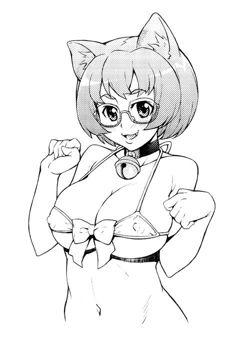 animal_ears bell bell_collar bikini_top breasts cat_ears collar copyright_request covered_nipples glasses greyscale large_breasts monochrome solo takurou