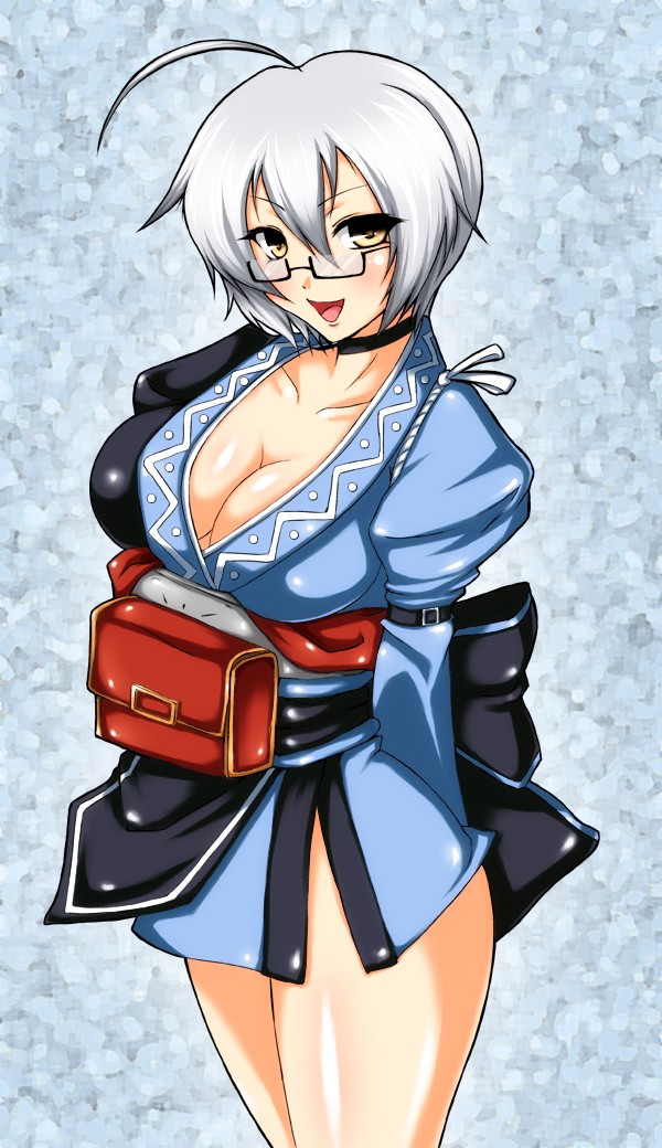 ahoge arms_behind_back banned_artist breasts cleavage genderswap genderswap_(mtf) glasses medium_breasts morichika_rinnosuke s_tanly solo touhou