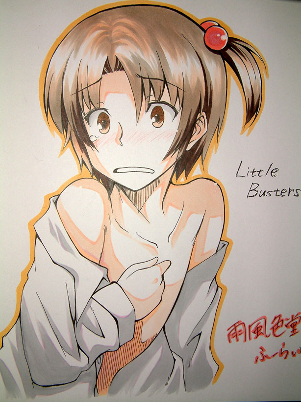 blush brown_eyes brown_hair copyright_name crossdressing dress_shirt furai hair_bobbles hair_ornament little_busters! male_focus naoe_riki no_nipples off_shoulder open_clothes open_shirt otoko_no_ko shikishi shirt short_hair side_ponytail solo tears traditional_media translation_request white_background